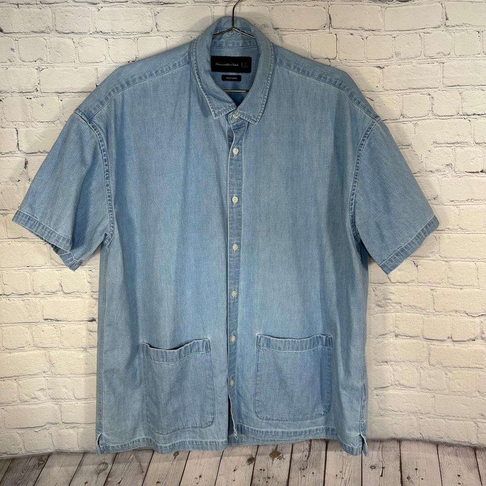 Abercrombie & Fitch Mens Oversized Denim Short Sleeve Button Down Shirt Blue L